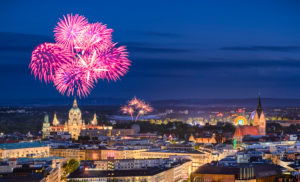 Skyline of Hannover, Germany at night with fireworks Skyline of Hannover, Germany at night with fireworks